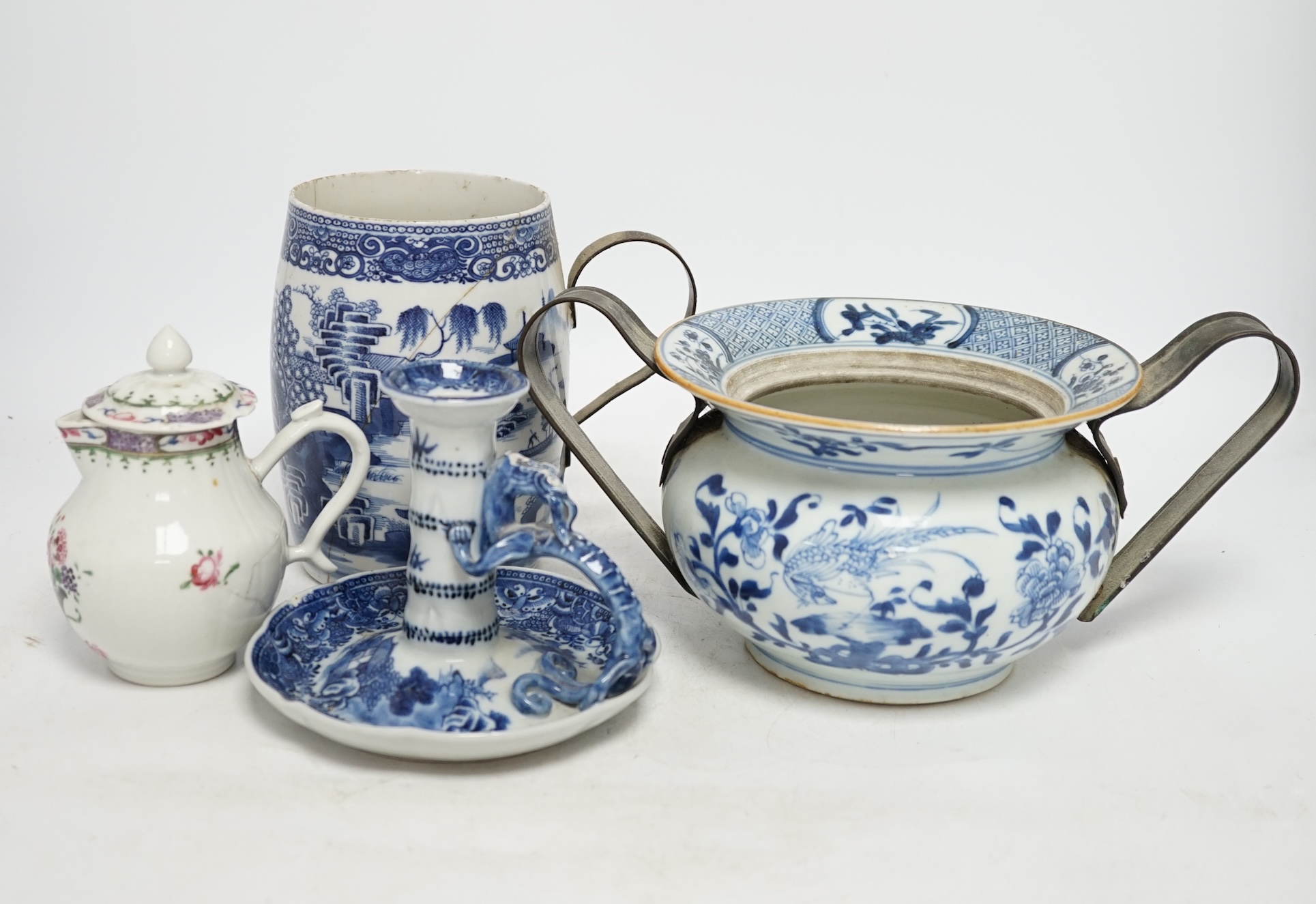 A group of five 18th century Chinese export ceramics to include a rare blue and white ‘dragon’ chamberstick, tallest 16cm. Condition - poor